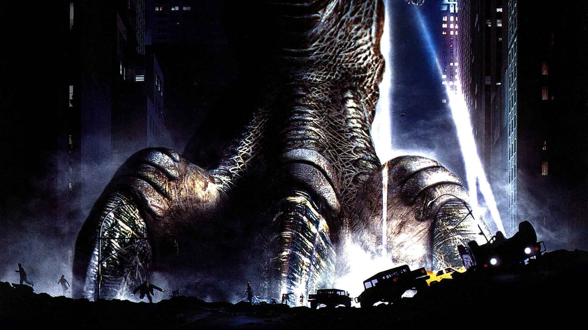 Godzilla rampages through New York City in the 1998 blockbuster film Wallpaper