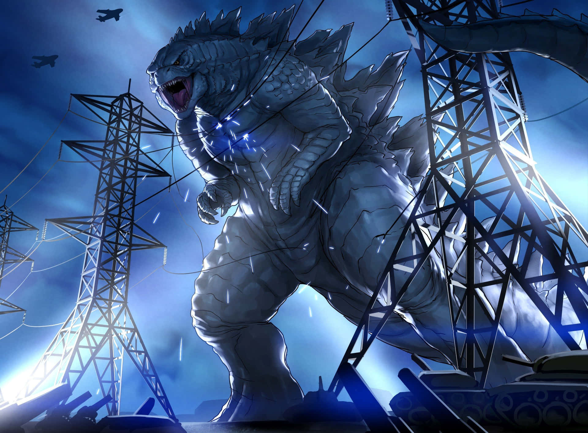 Godzilla 1998 roaring at the city skyline Wallpaper
