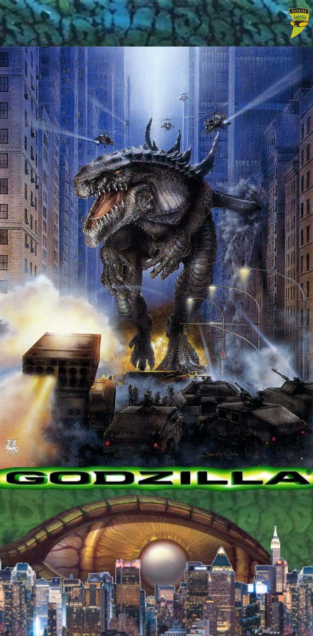 Godzilla terrorizing the city in the 1998 movie Wallpaper