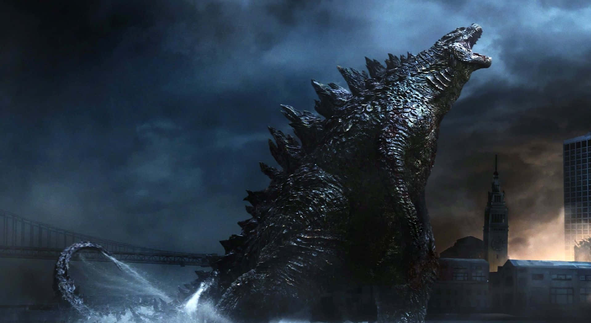 Godzilla 2014 in action amidst city destruction Wallpaper