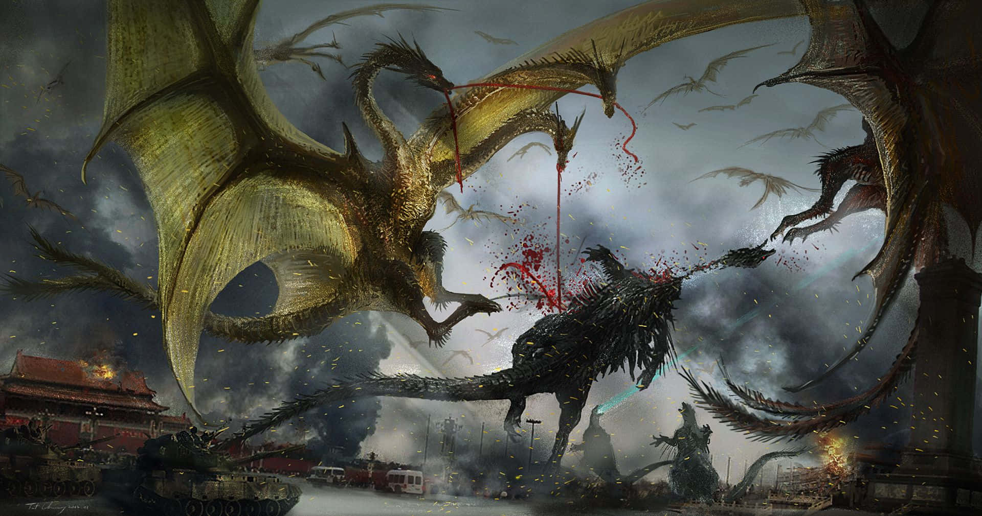 Godzilla 2014, Giant Monster Unleashing Chaos Wallpaper