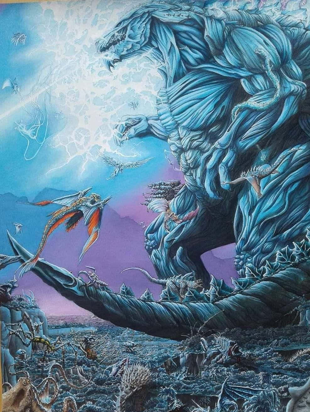 Godzilla Earth Roaring on Blue Background Wallpaper
