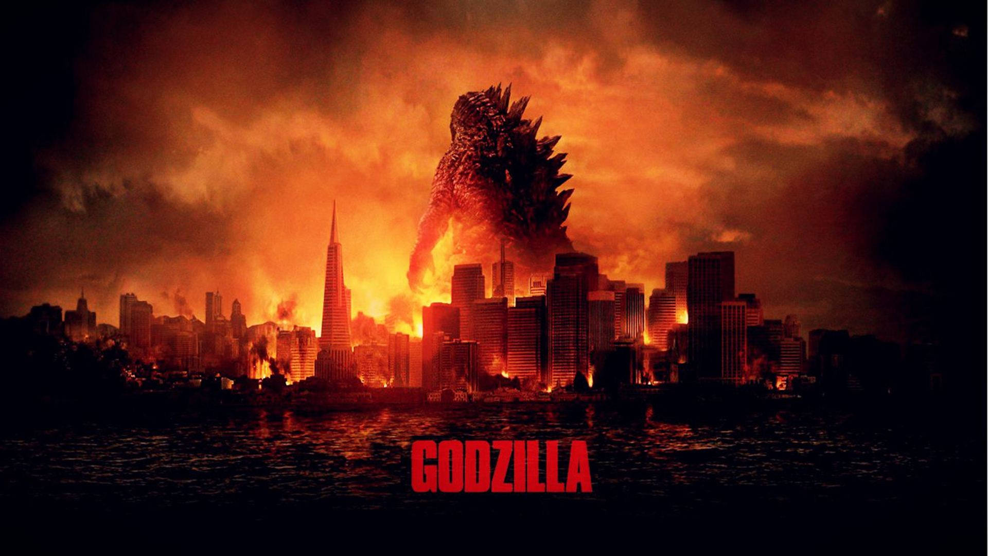 The destructive Godzilla wreaks havoc on a burning megacity. Wallpaper