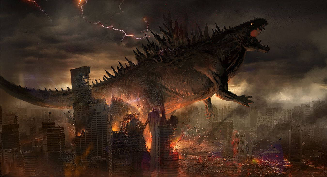 The Legendary Godzilla Looms Over a City Skyline Wallpaper