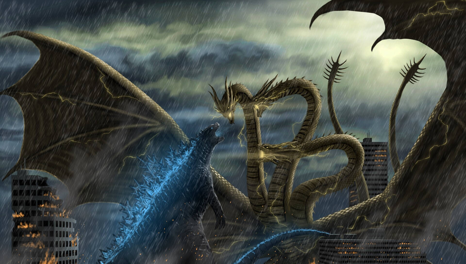 Brace yourselves for an epic battle as Godzilla, King of the Monsters, unleashes a devastating assault Wallpaper