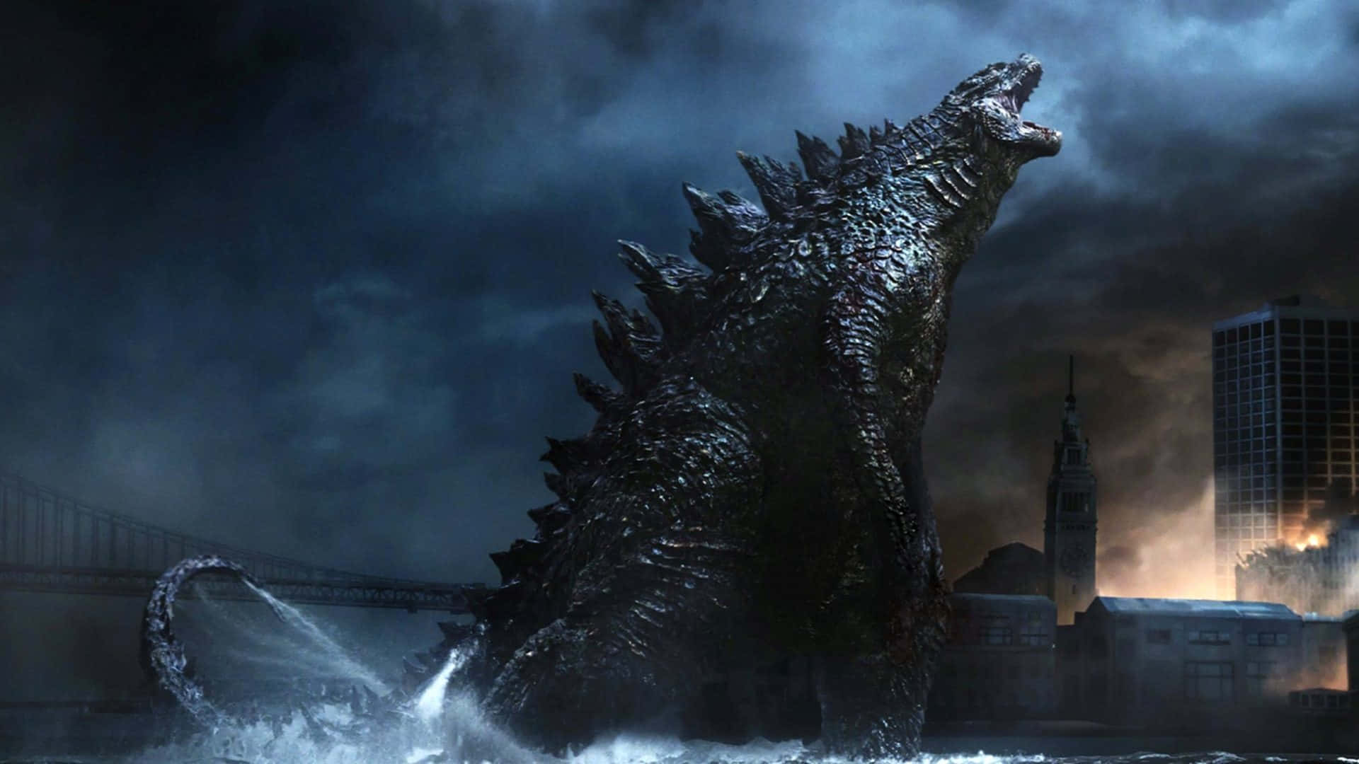 Immaginedi Godzilla Che Emerge Dall'oceano Verso La Città