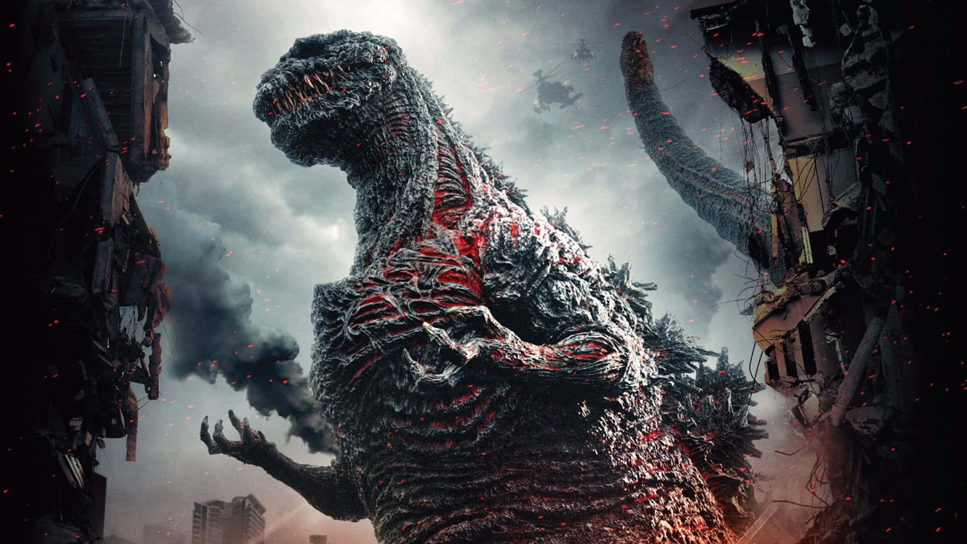 Immaginedi Godzilla In Una Città Distrutta Con Fumo