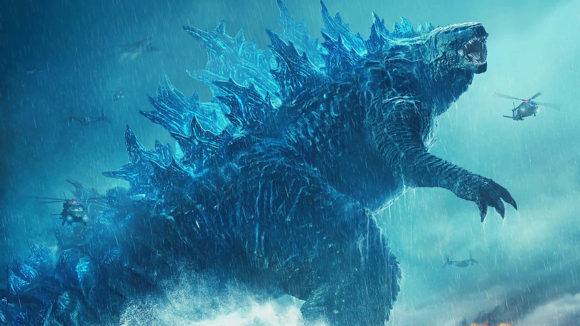 Godzillaluci Blu Neon Con Immagine Di Elicotteri.