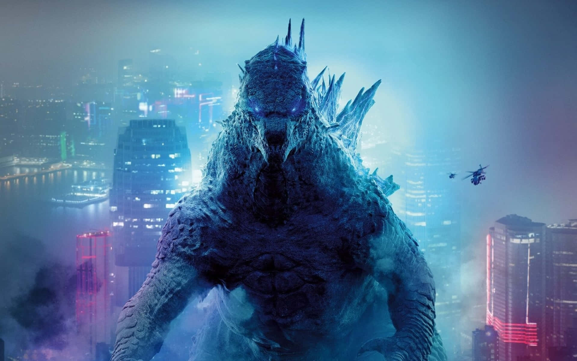 Immaginedi Godzilla In Città Con Luci Al Neon.
