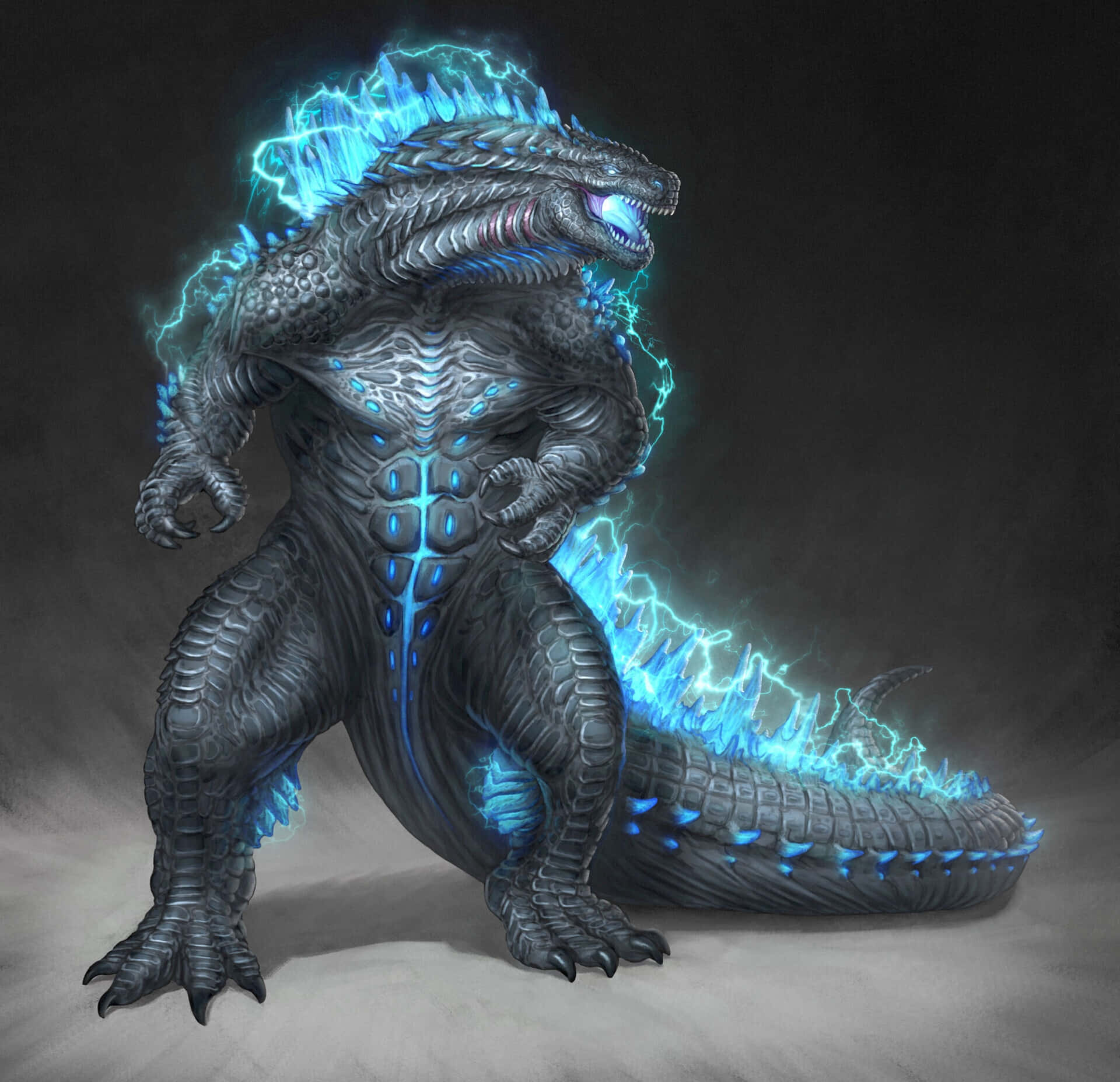 Immaginedi Godzilla Con Un'atmosfera Nera, Luci Blu Neon.