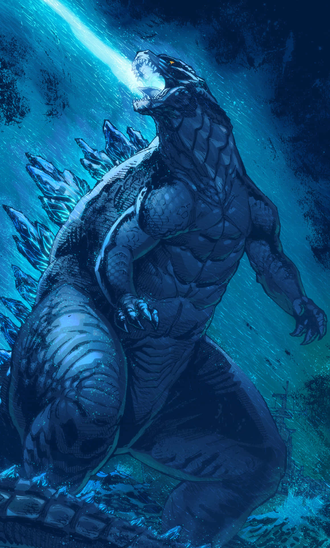 Imagende Arte De Godzilla Disparando Un Rayo Láser Azul.