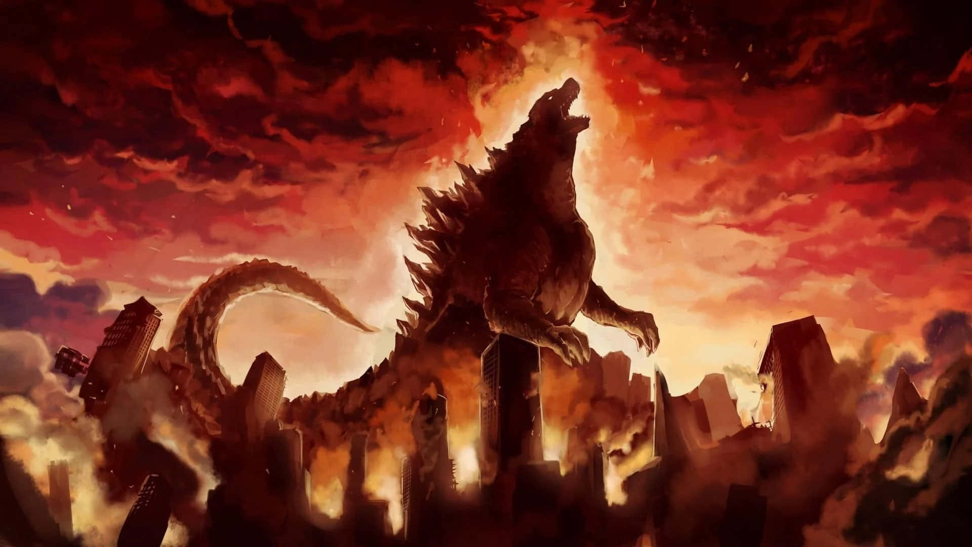 Godzilla Under Red Sky With Destroyed City Picture