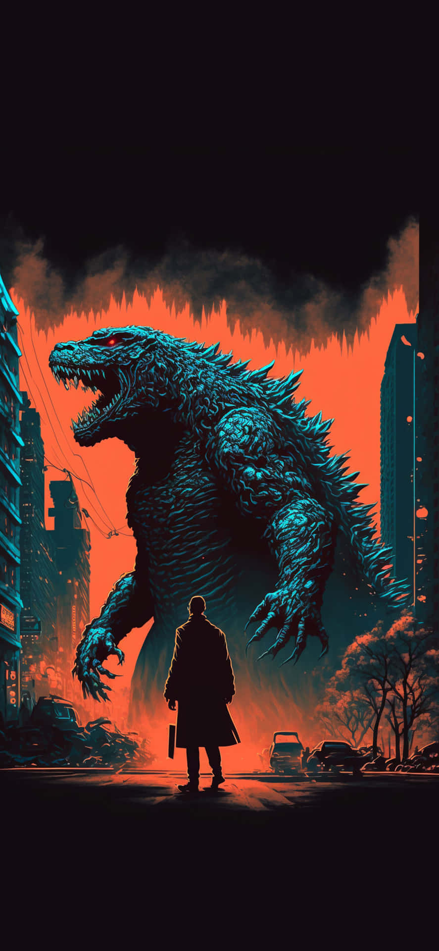 Godzilla Art In City With Man's Silhouette Picture