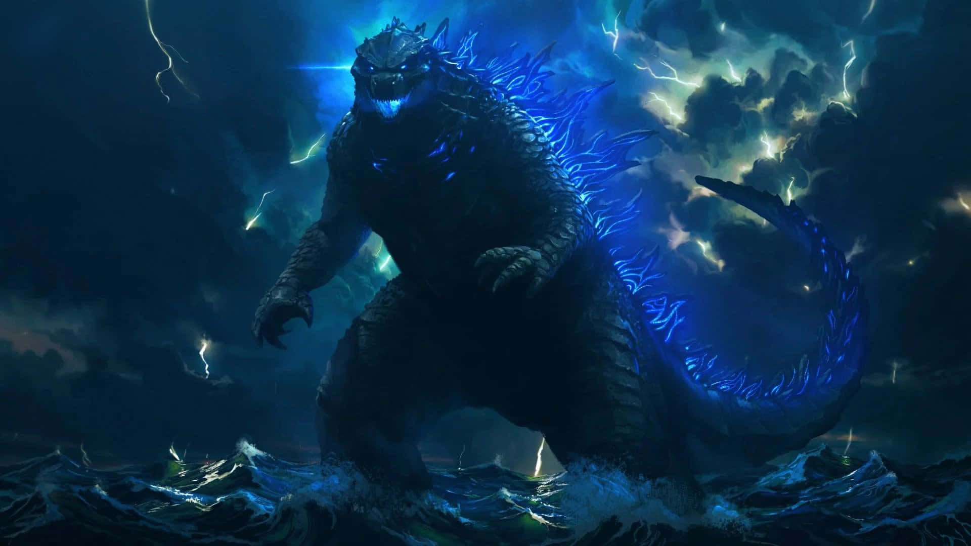 Immaginedi Godzilla Con Luce Neon Blu Sopra L'oceano