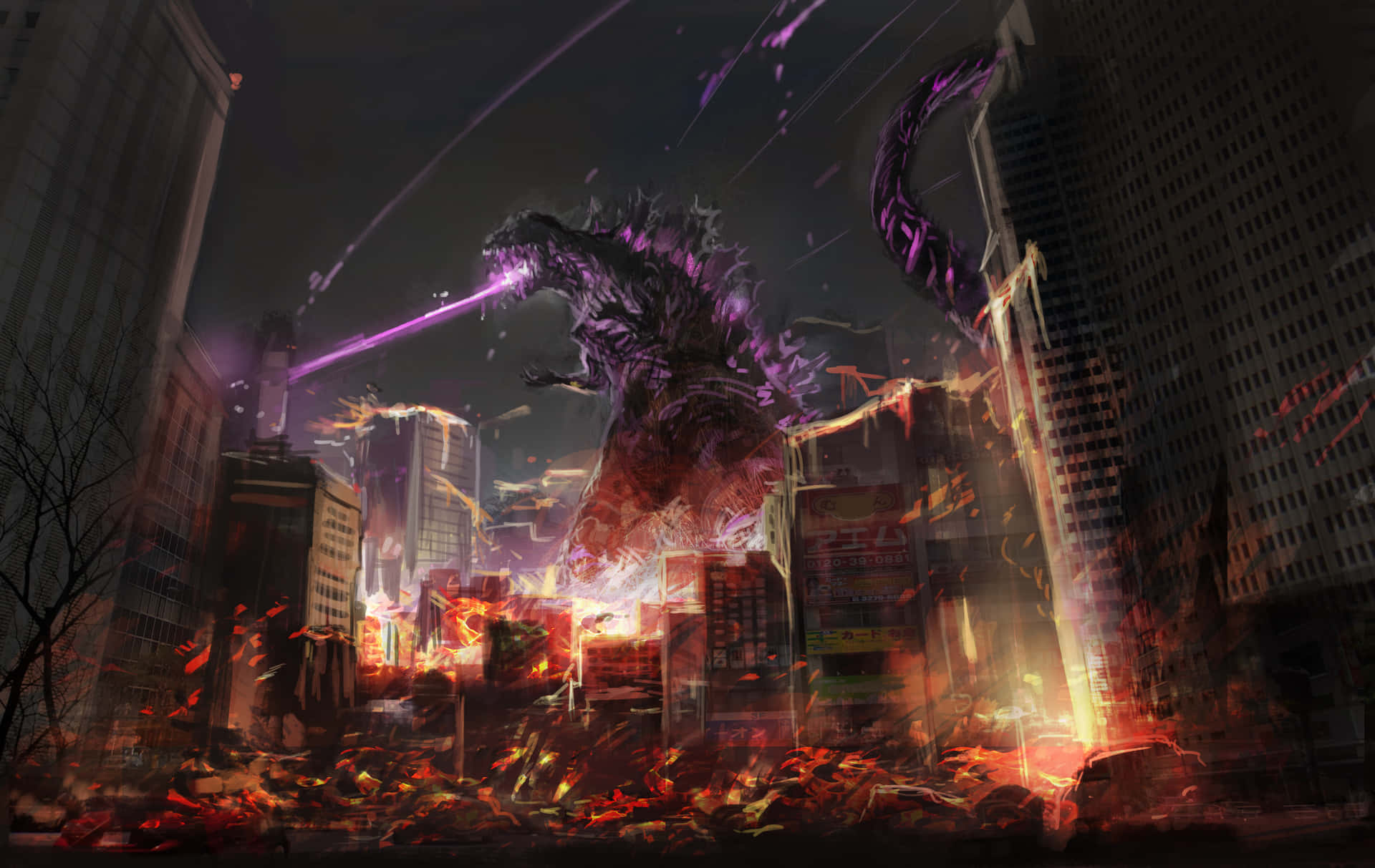 Immaginedi Godzilla Con Raggi Laser Viola In Una Città In Fiamme.
