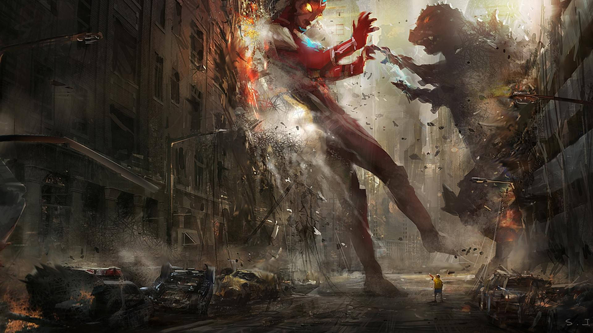 The Mighty Godzilla and Powerful Ultraman Face Off Wallpaper