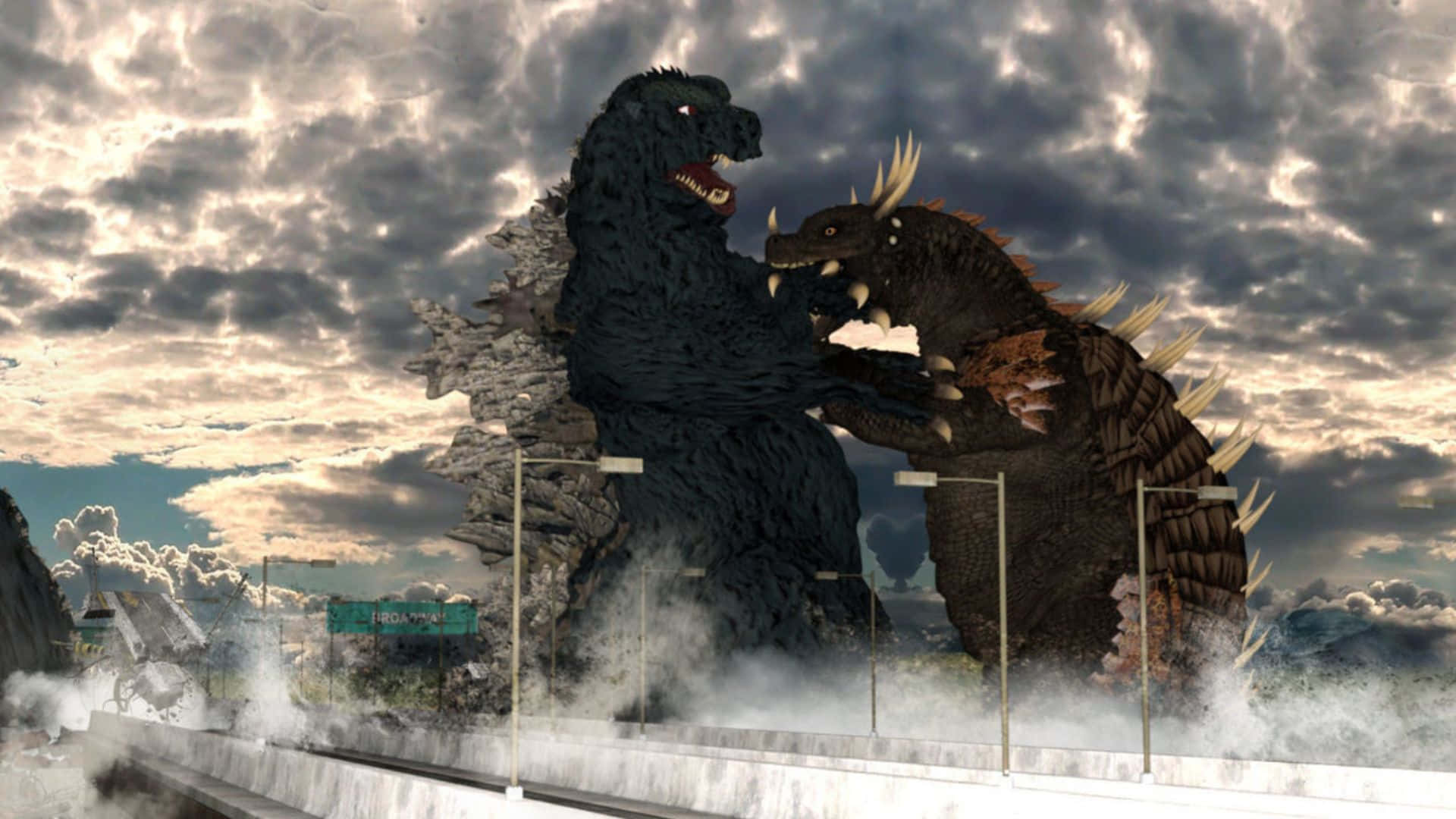 Explosive Battle Between Godzilla and Anguirus Wallpaper