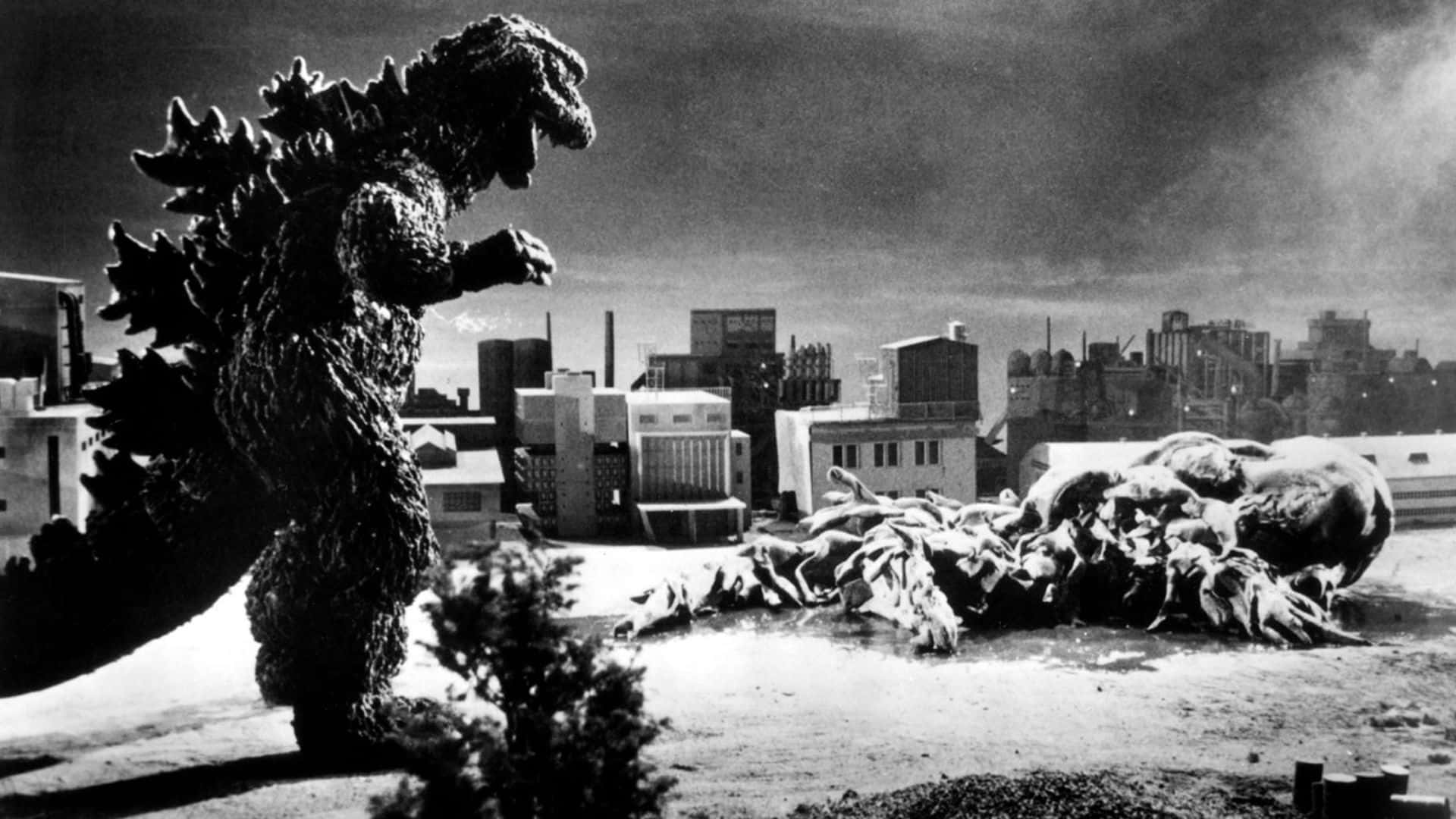 Godzillase Enfrenta A Hedorah En Una Batalla Épica. Fondo de pantalla