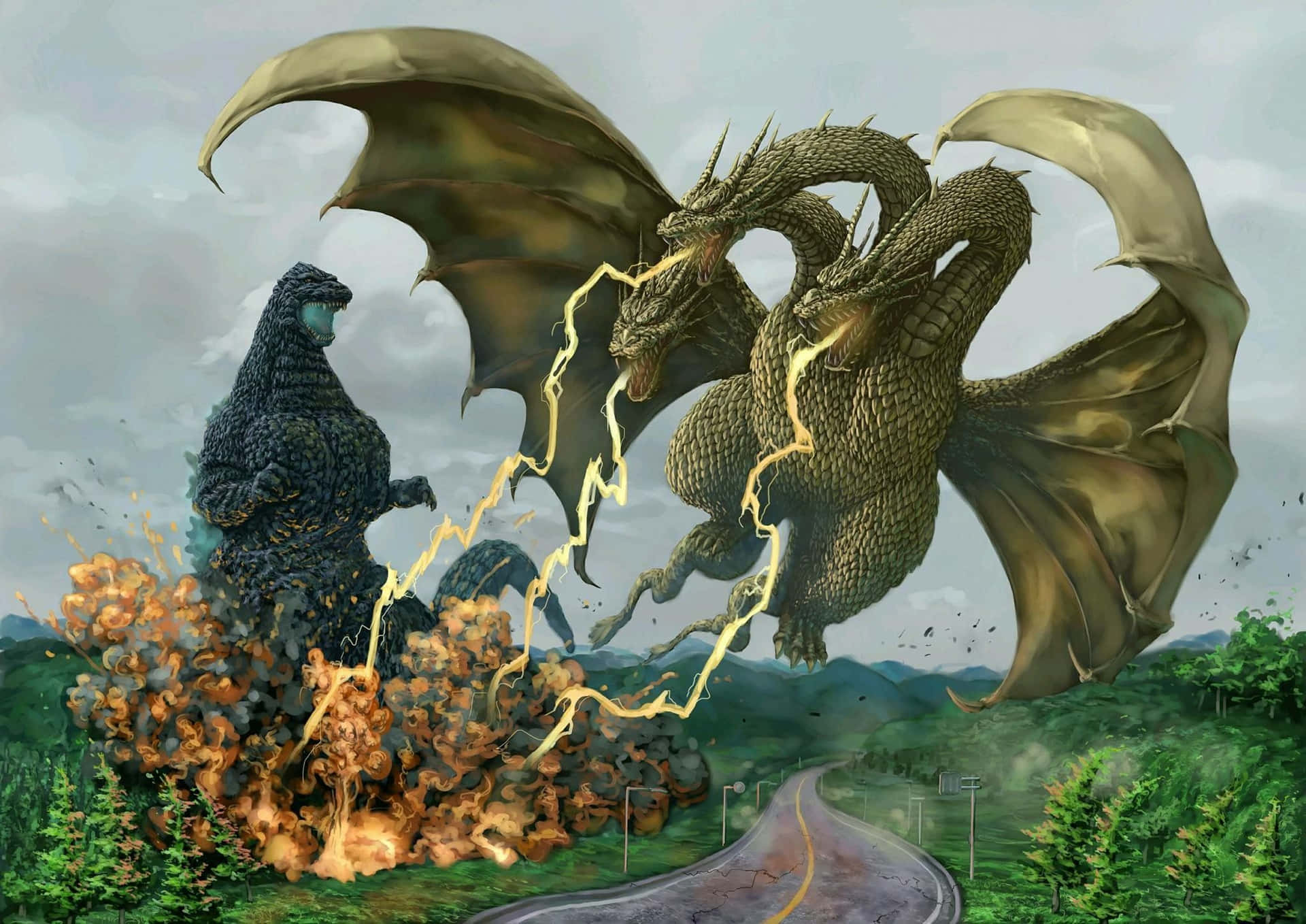 Epic Battle of Titans: Godzilla Vs King Ghidorah Wallpaper