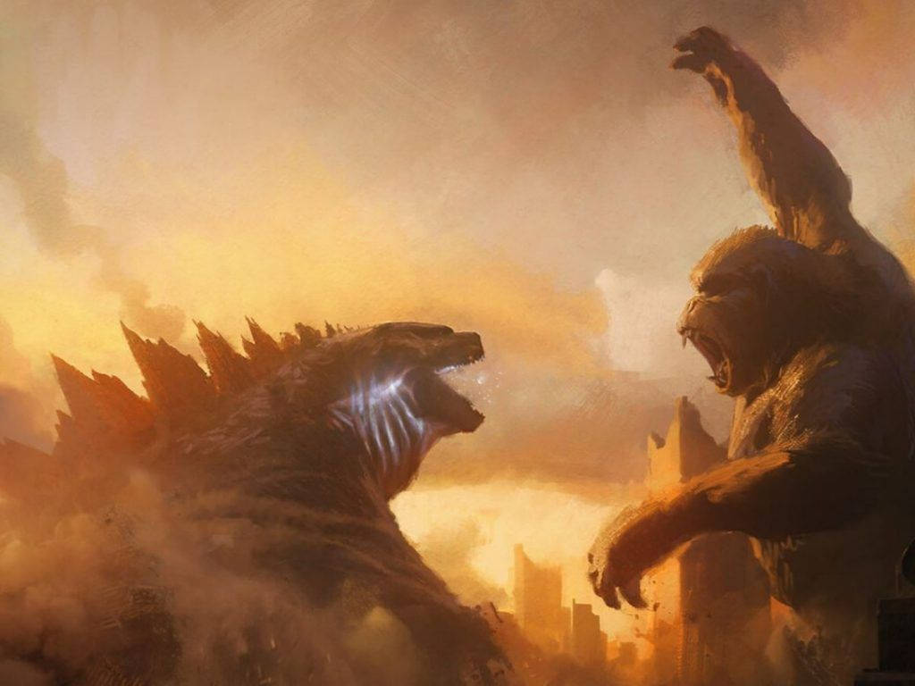 Two Giant Titans Clash in a Sunset Showdown Wallpaper