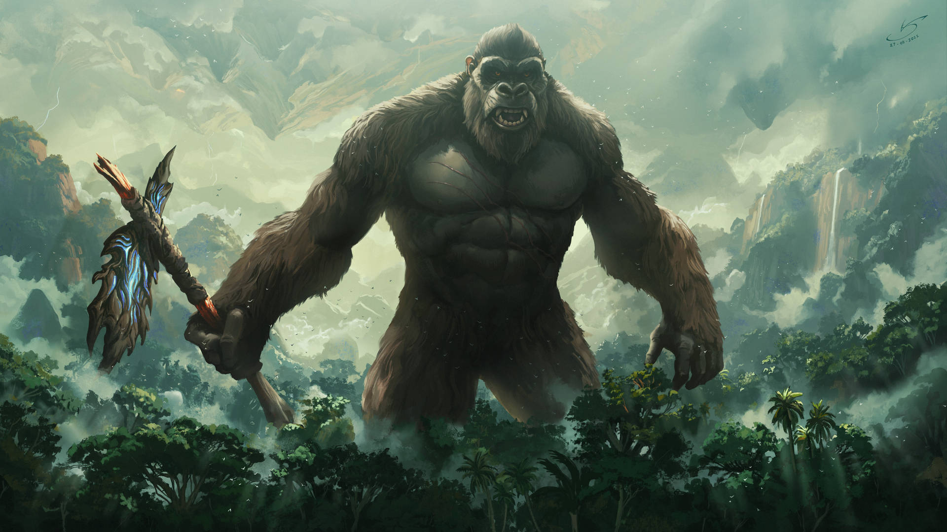 a gorilla is standing in the jungle with a spear Wallpaper