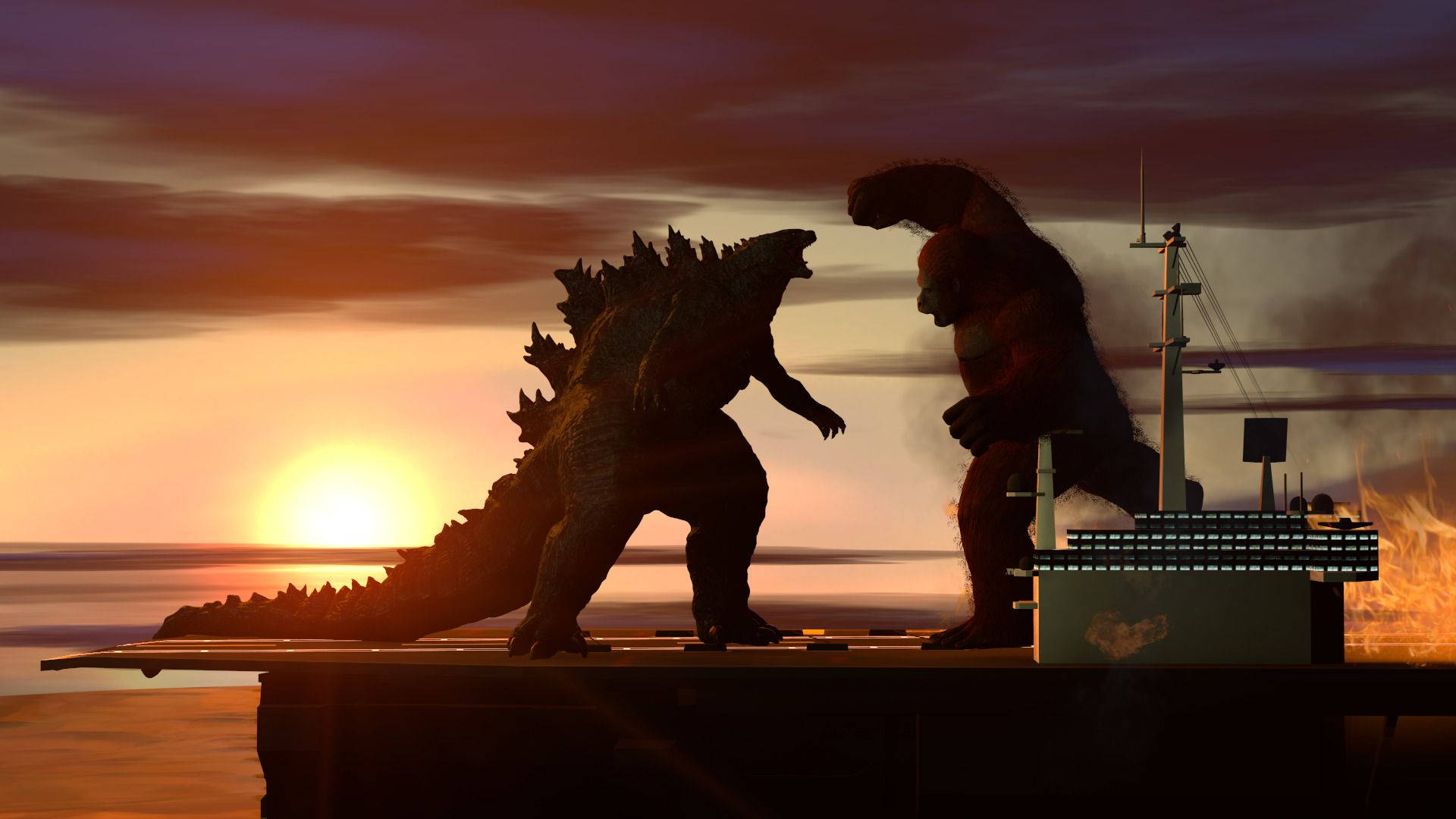 A terrifying battle ensues when Godzilla and Kong clash on the deck of an aircraft carrier Wallpaper