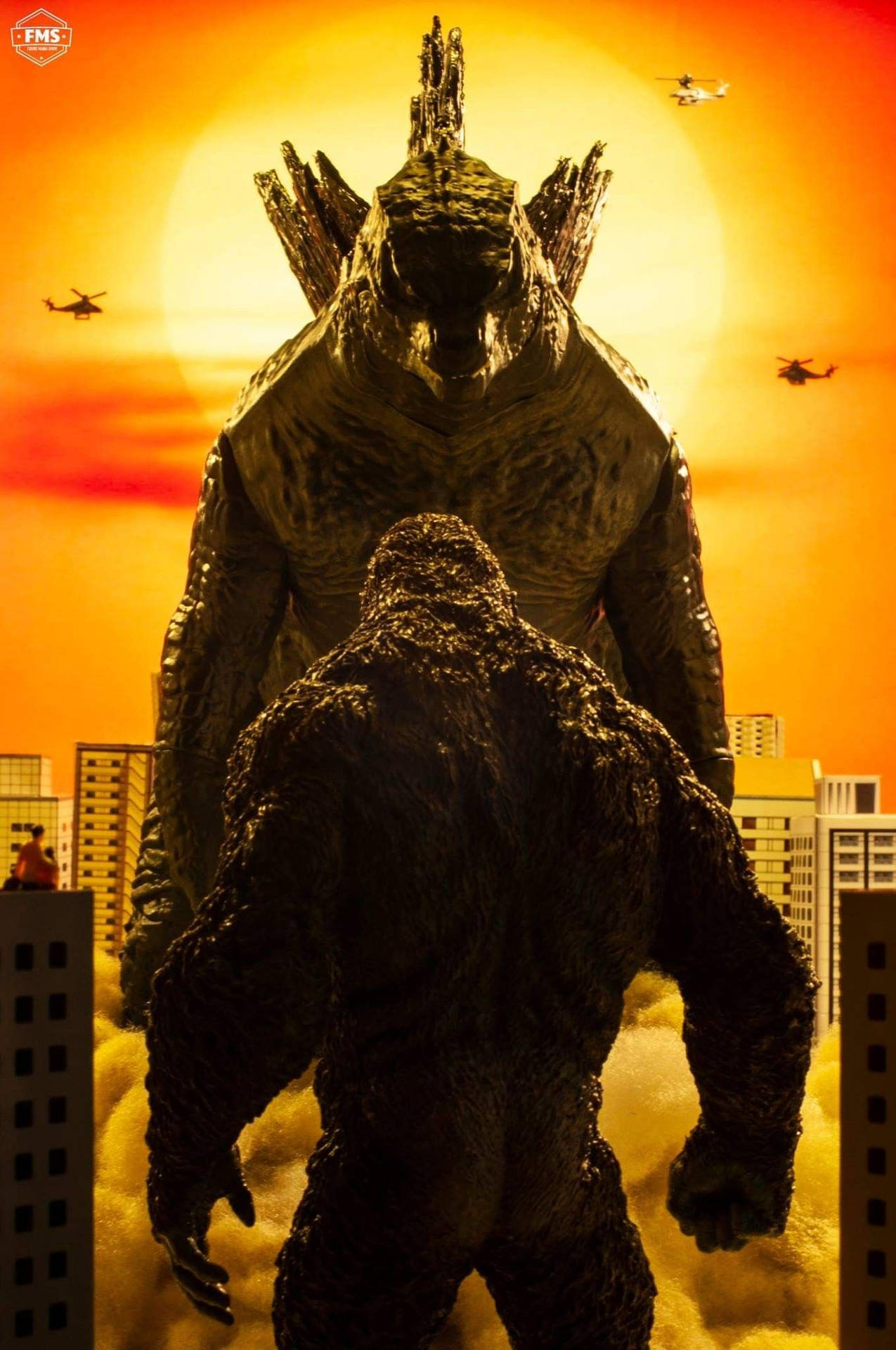 Godzilla Vs Kong Battling During Sunset