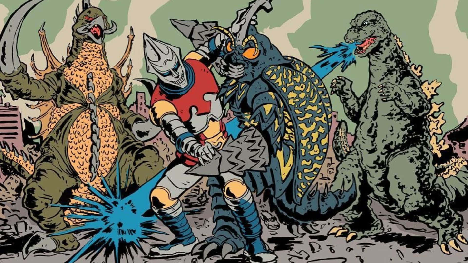 Epic battle scene featuring Godzilla and Megalon Wallpaper