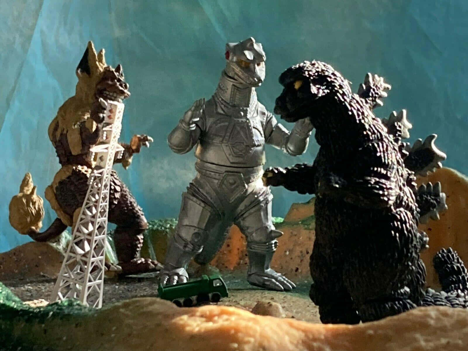 Godzillavs Mechagodzilla En King Caesar Achtergrond