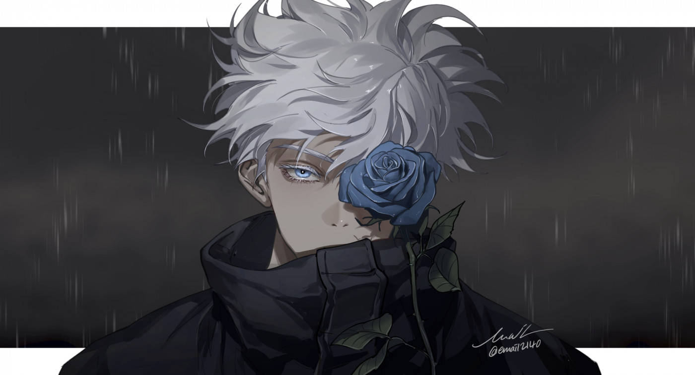 A Boy With White Hair And Blue Rose In The Rain Wallpaper
