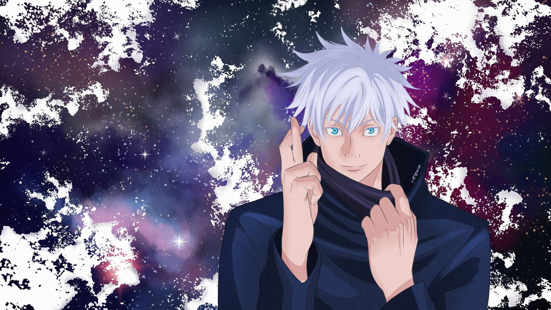 A Man With White Hair And Blue Eyes Is Holding His Hand Up Wallpaper