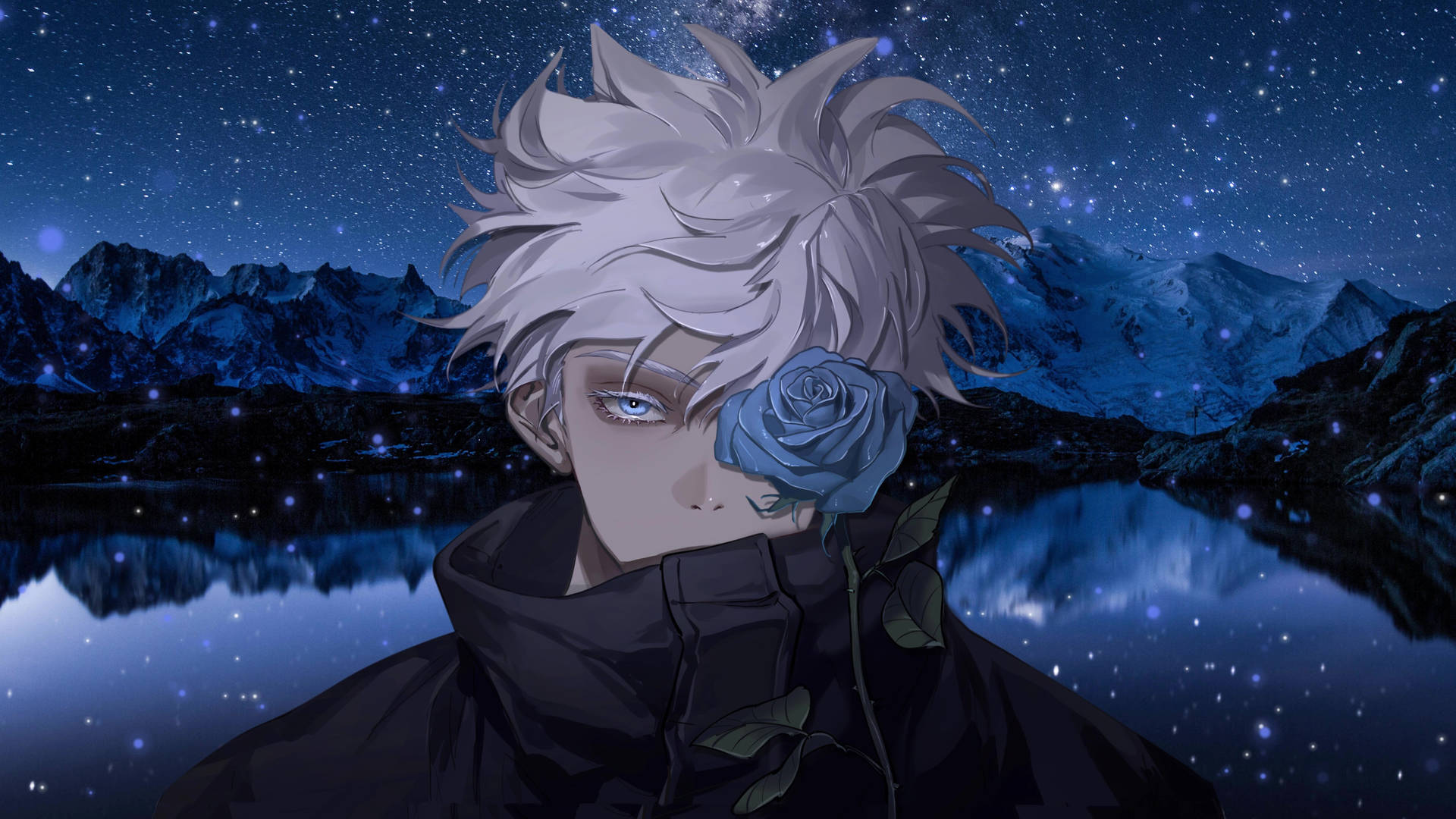 A Man With White Hair And Blue Eyes Is Standing In The Night Sky Wallpaper