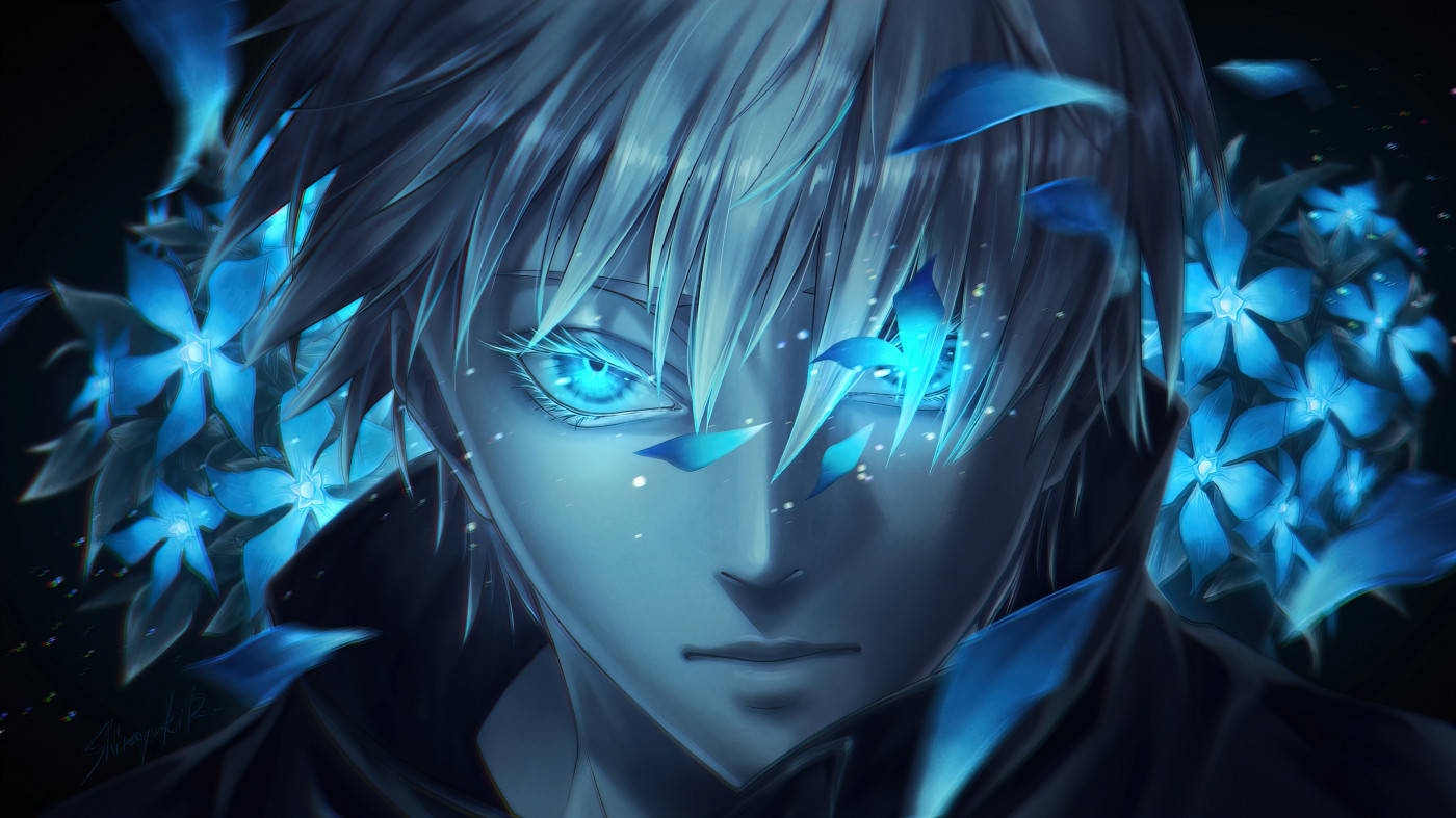 A Blue Anime Character With Flowers In His Eyes Wallpaper