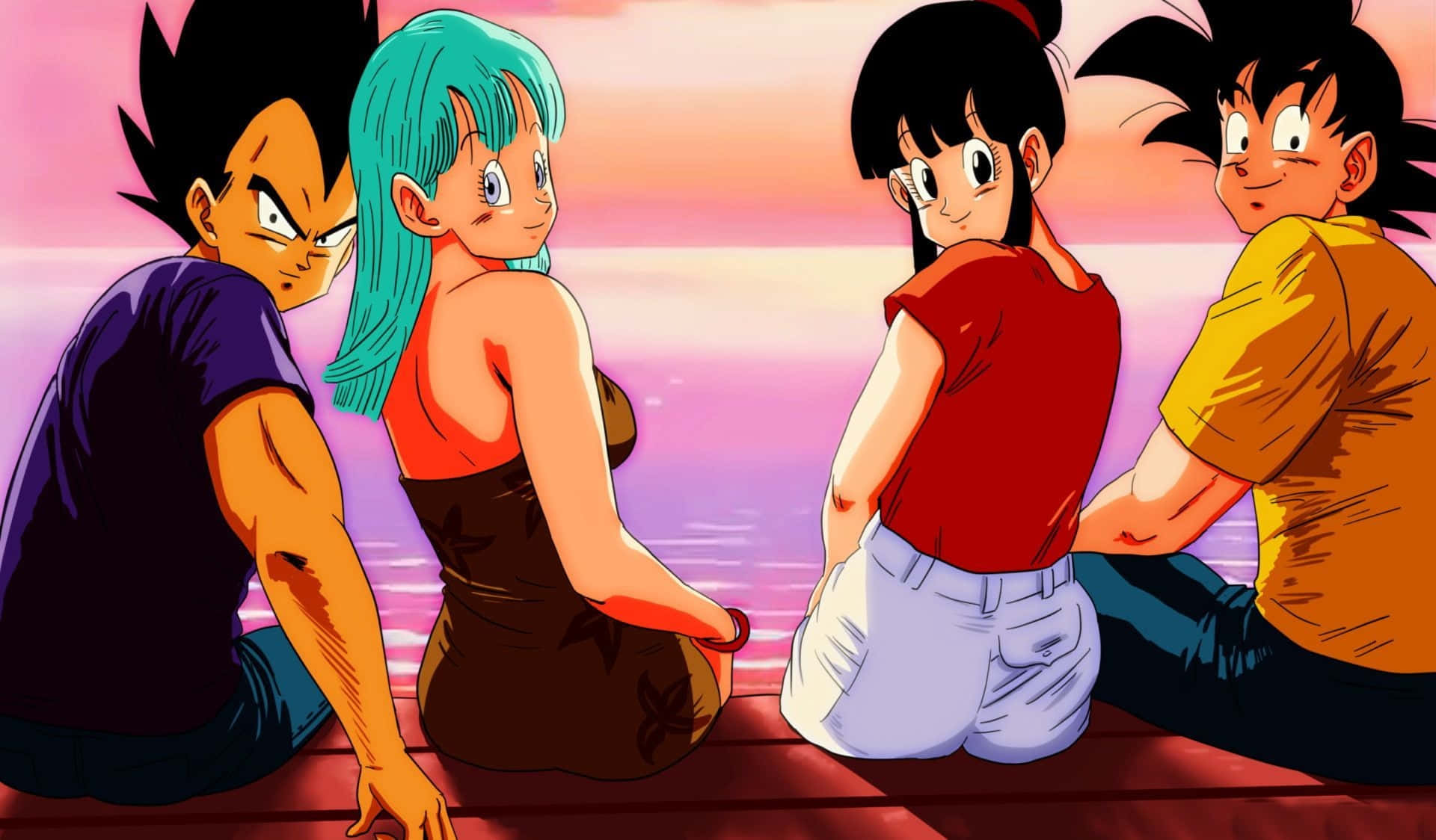 Goku og Chichi med Vegeta og Bulma Wallpaper