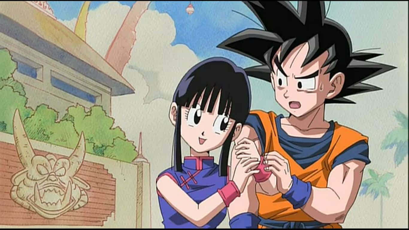 Goku and Chichi share an intimate moment. Wallpaper