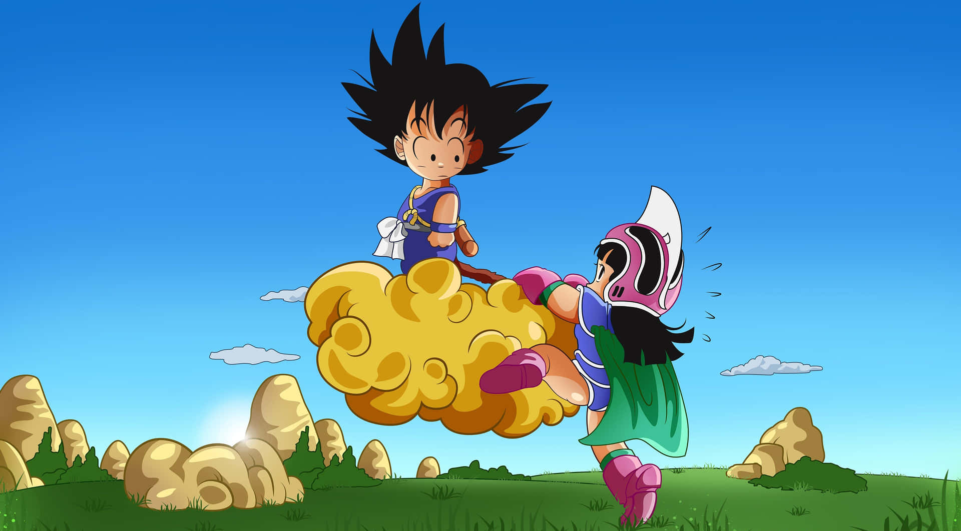 Goku og Chichi klatring Flyvende Nimbus Tapet Wallpaper