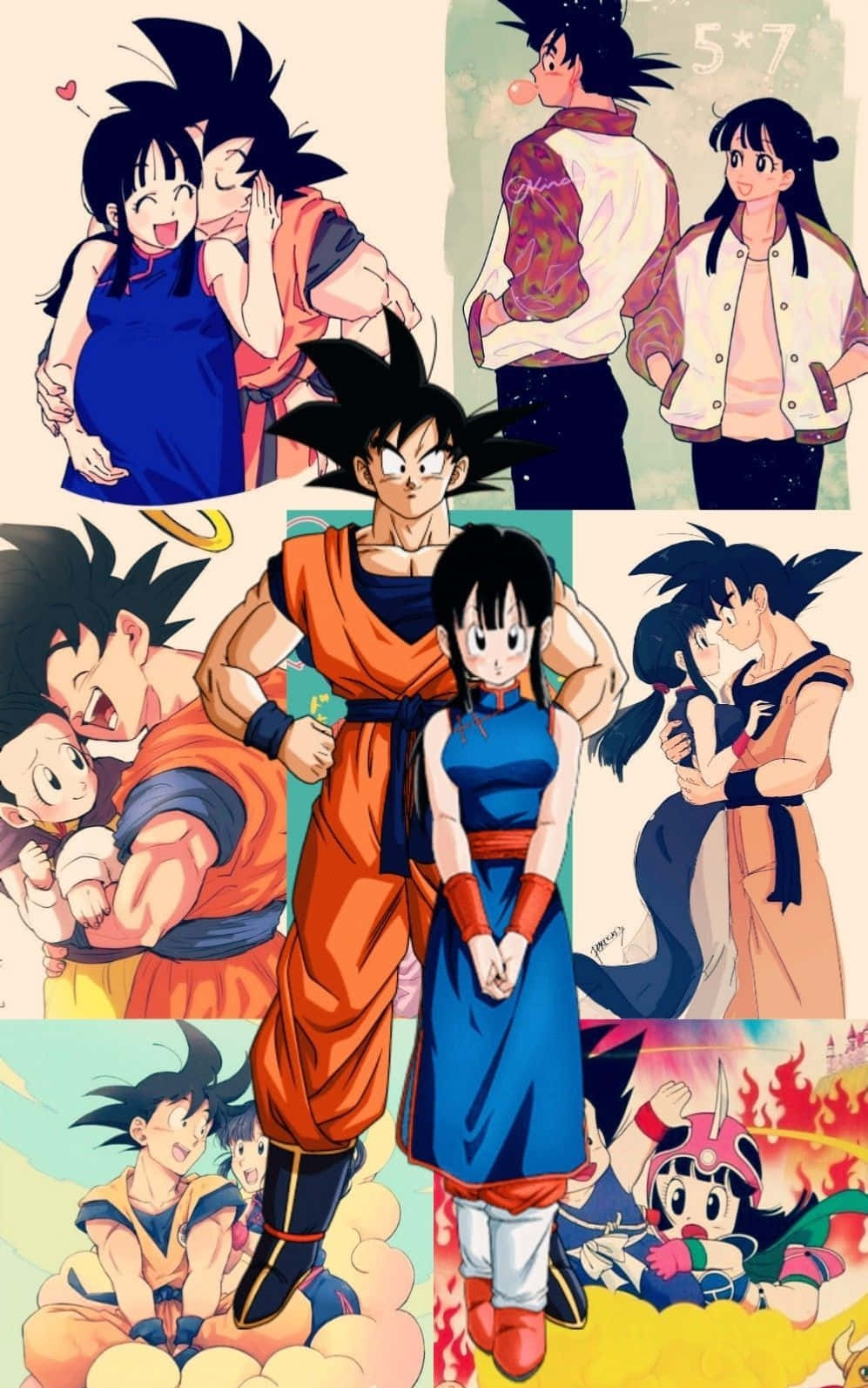 Sød collage Goku og Chichi illustration. Wallpaper