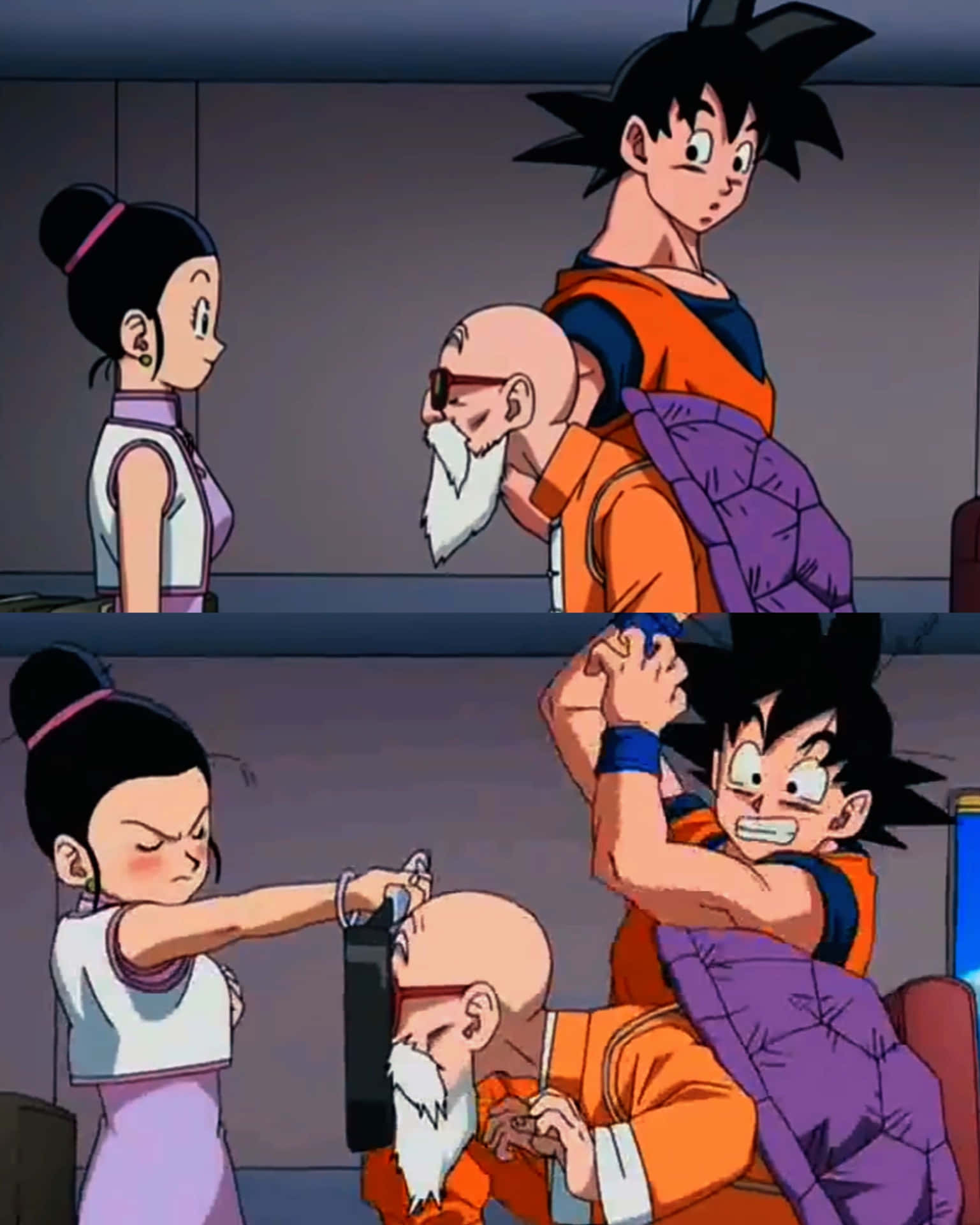 Goku og Chichi med Master Roshi på øen Wallpaper