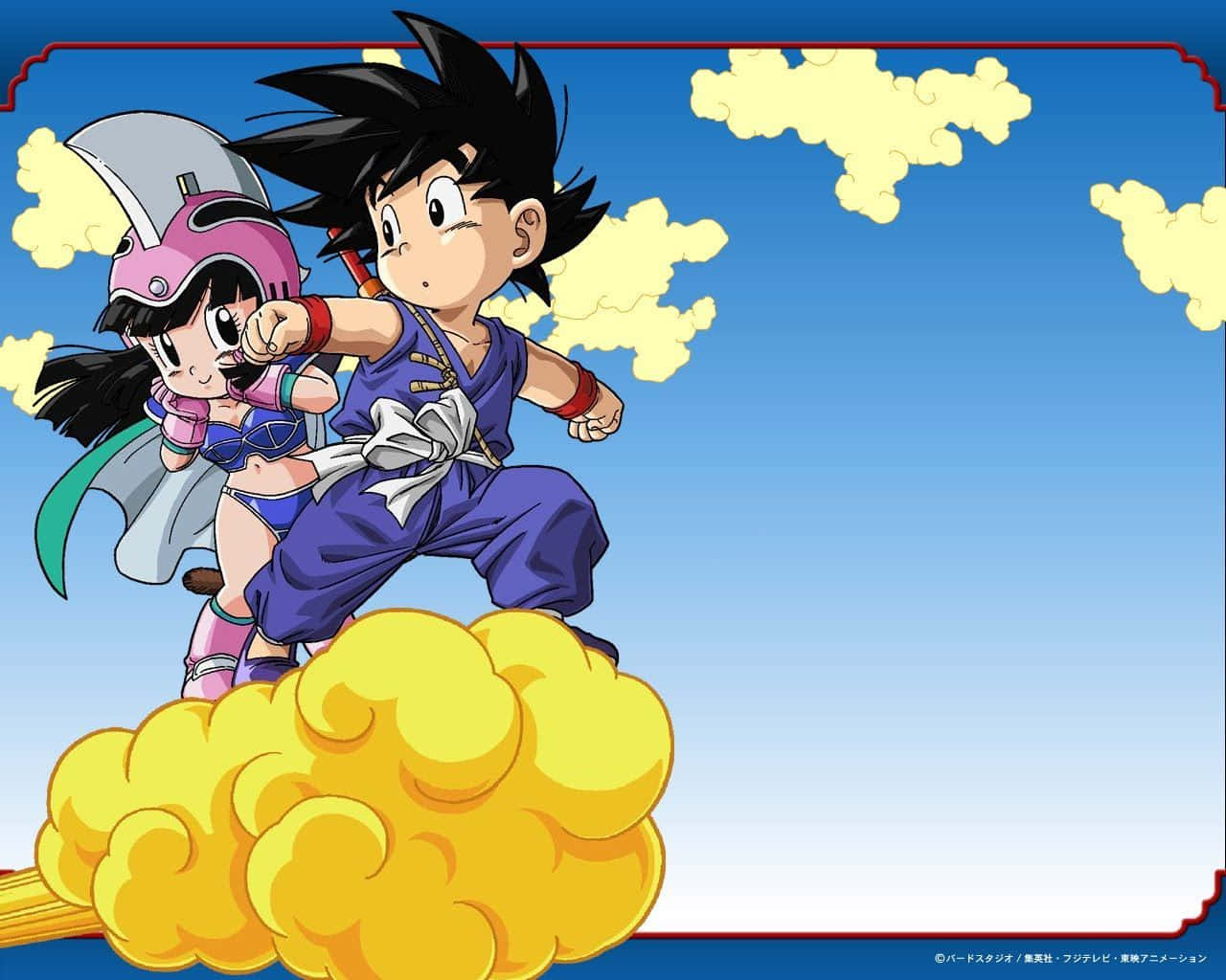 Goku And Chichi Pink Armor On Flying Nimbus Wallpaper