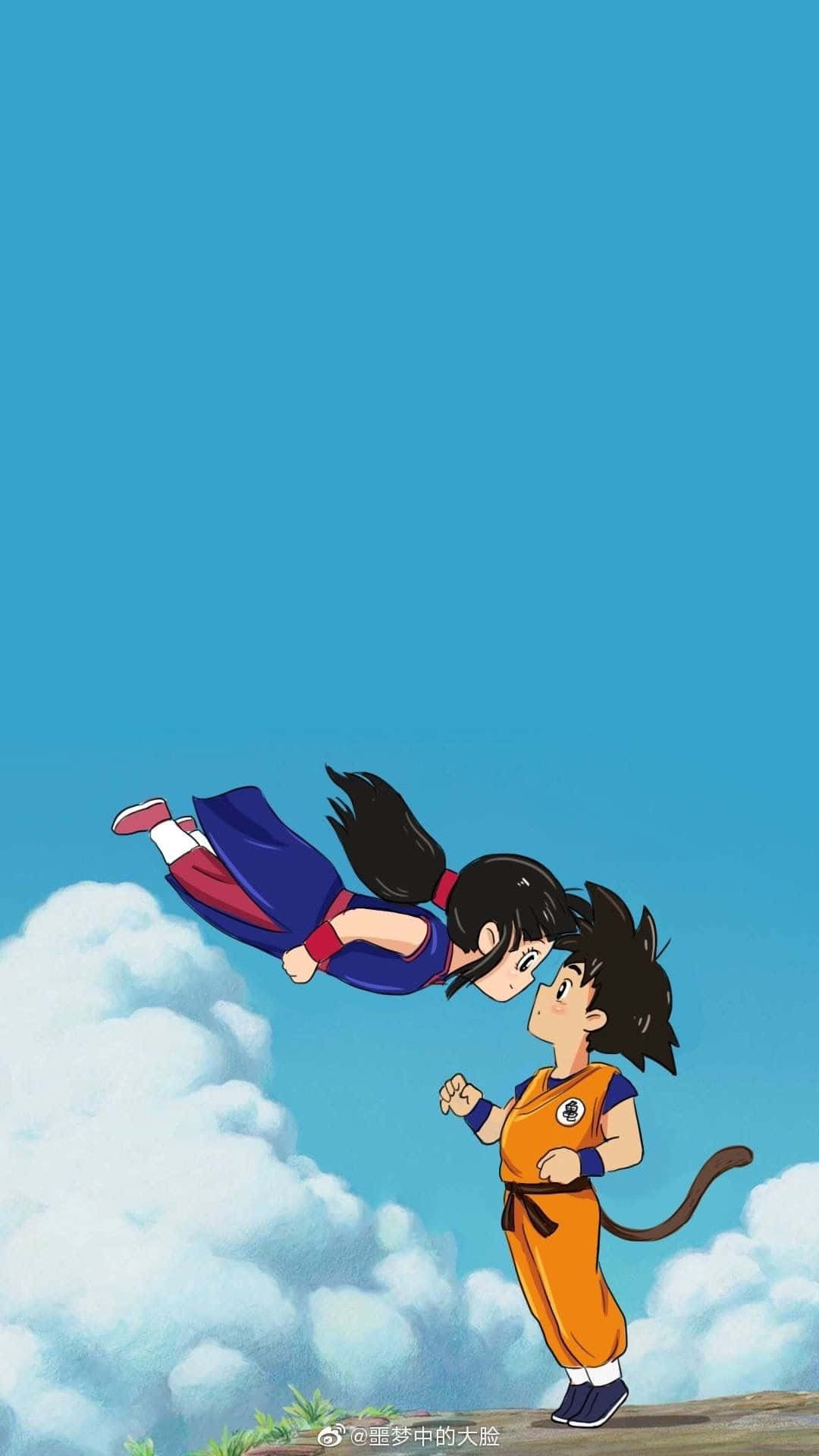 Minimalistisk Goku Og Chichi i Blå Himmel Tapet Wallpaper