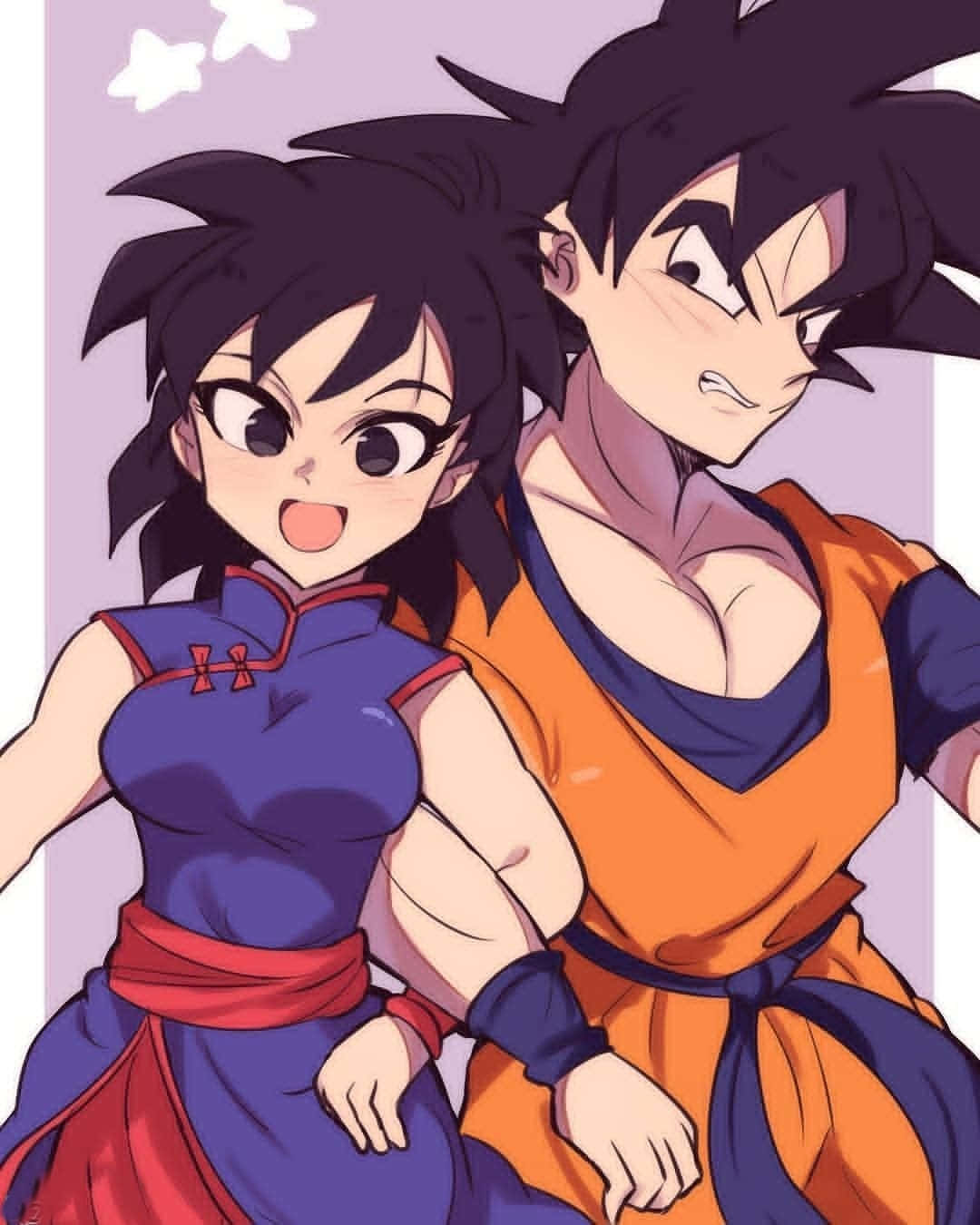 Goku and Chichi, always fighting side by side. Wallpaper