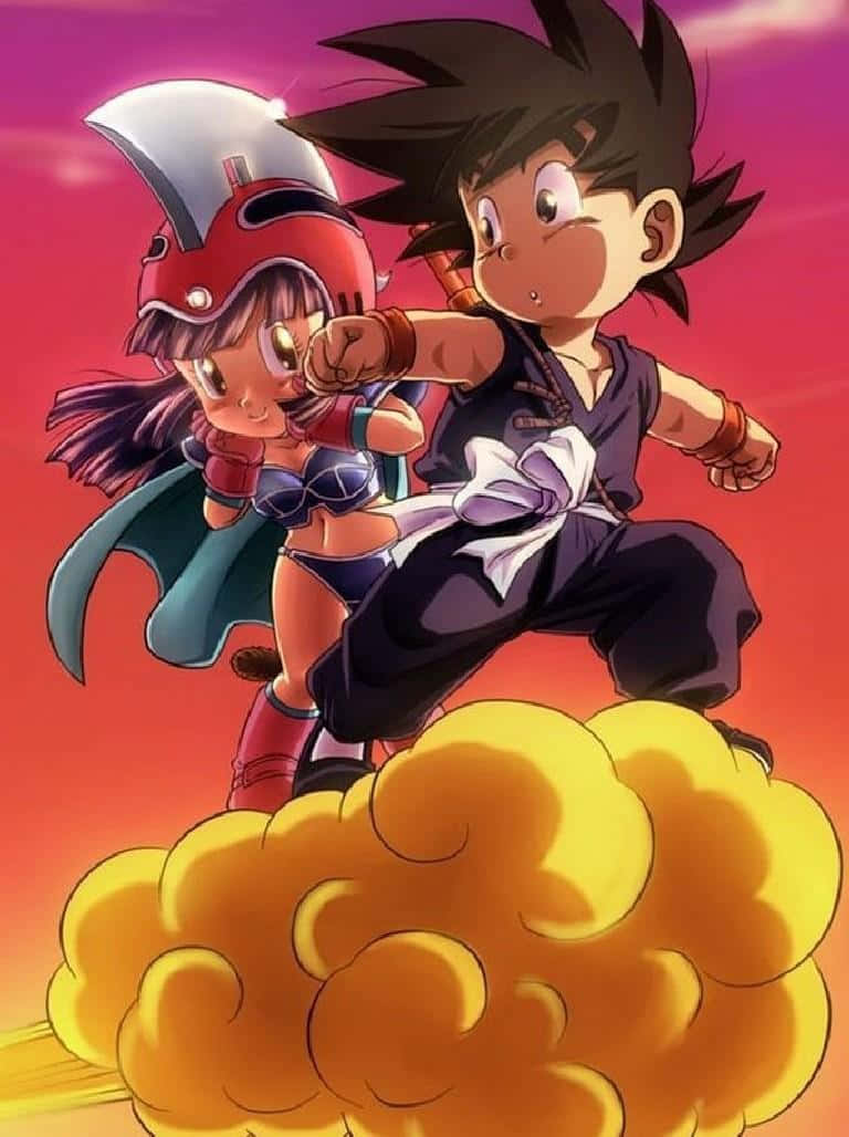 Unge Goku og Chichi på flyvende Nimbus. Wallpaper