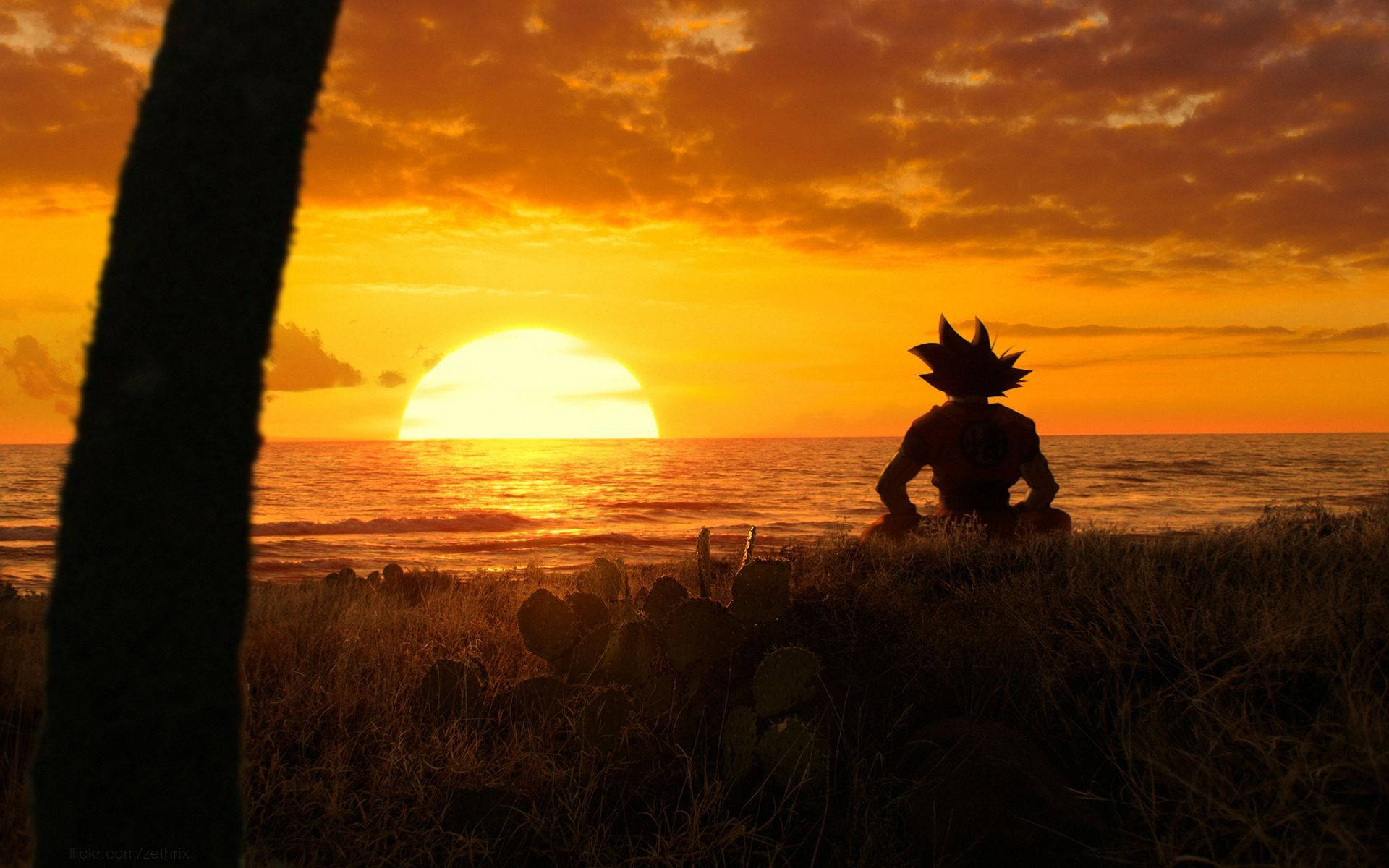 Goku Embraces Zen in the Serene Sunset Wallpaper