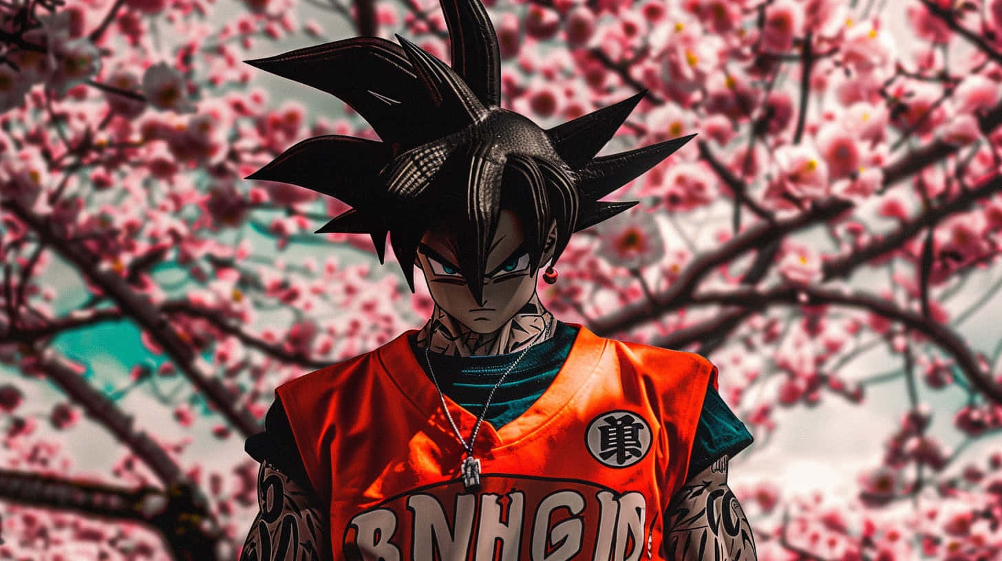 Goku Fashion Under Cherry Blossoms Wallpaper