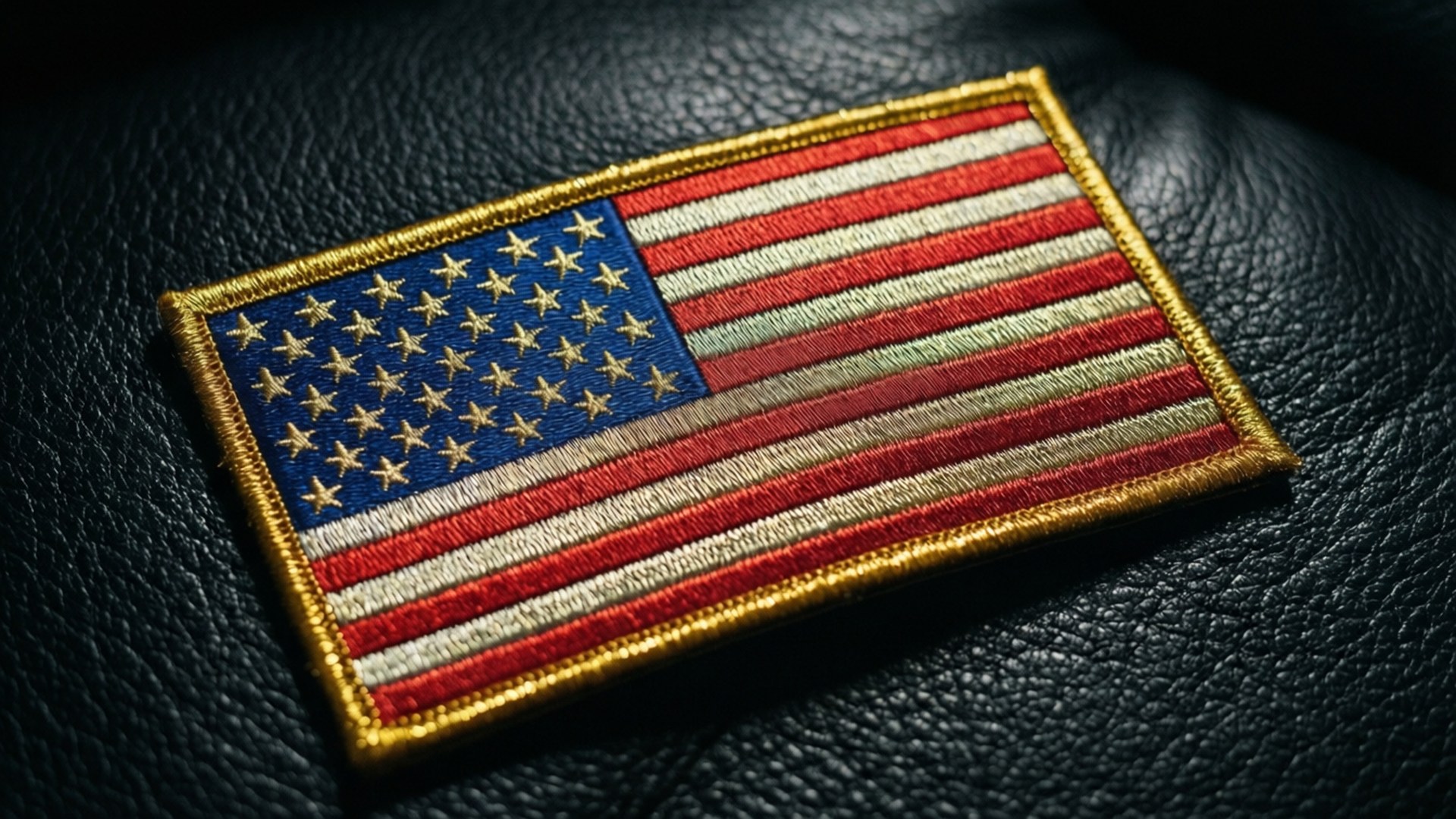 American flag patch with gold border on black leather.