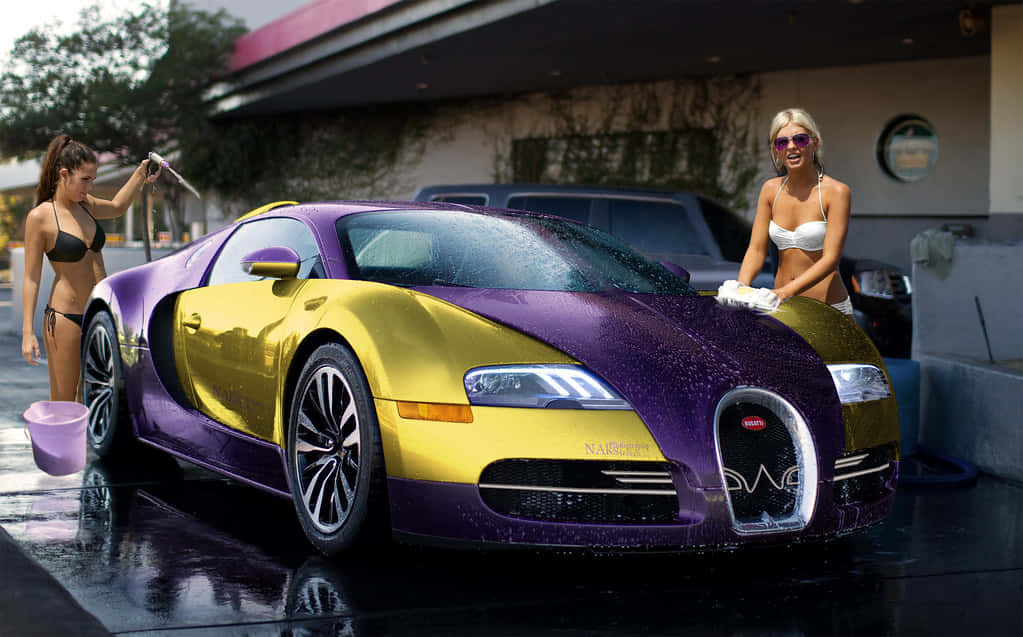 Gold Bugatti Veyron Car With Women Wallpaper