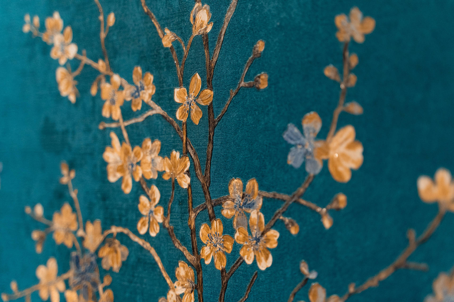 Gold Cherry Blossom Painting Blue Background Wallpaper