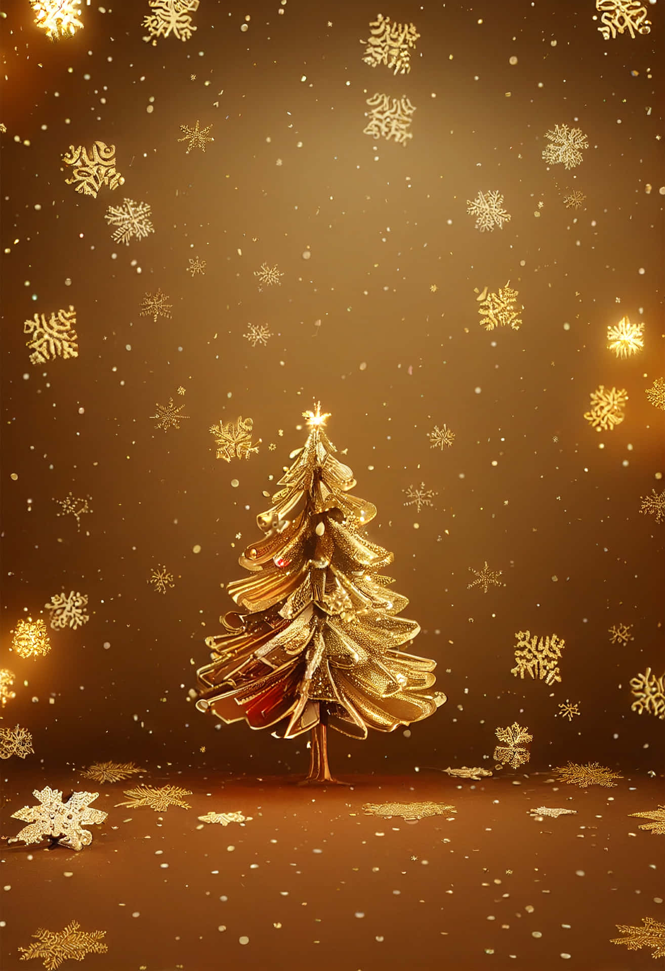 A Golden Christmas Tree On A Brown Background Wallpaper