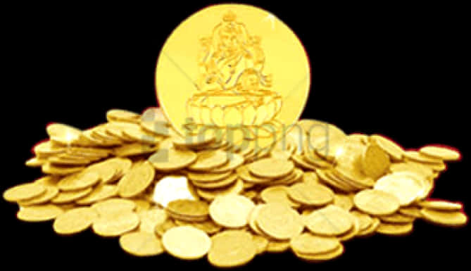 Gold Coins Pile With Large Coin Display PNG