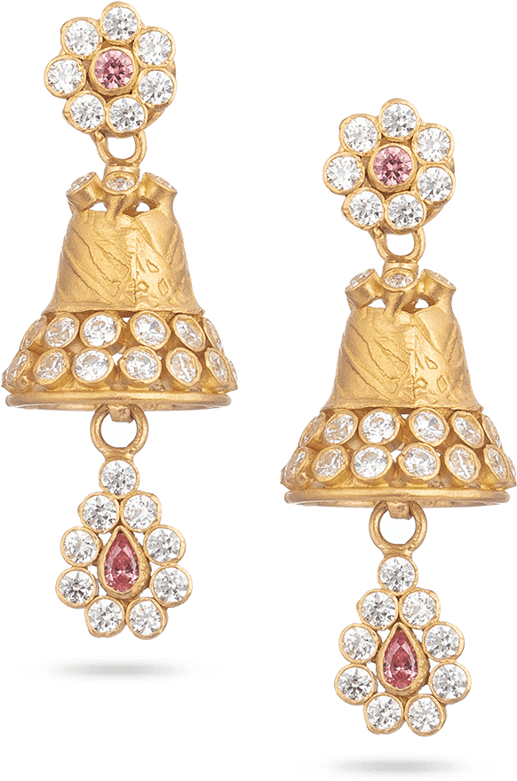 Gold Diamond Bell Drop Earrings PNG